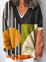 Minimalist Abstract Geometry Art Print Knit V-neck Pullover Sweater