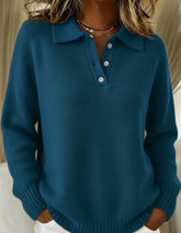 Classic Polo Neck Button-Down Solid Color Sweater Top 1414