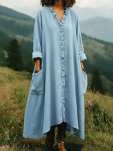 Casual Ruffle-Trim V-Neck Long Dress with Pockets
