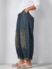 Casual Retro Plaid-paneled Cropped Denim Jeans