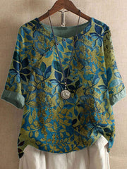 Leaf Print Round Neck Half Sleeves Blouse