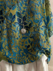 Leaf Print Round Neck Half Sleeves Blouse