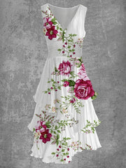 Elegant Floral Print Sleeveless V Neck Vintage Midi Dress
