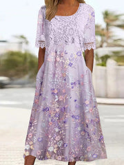 Purple Side Pocket Short Sleeve Midi Midi Dress