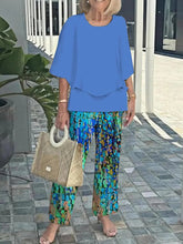 Casual Crew Neck 3/4 Sleeve Layered Hem Tops And Multicolor Loose Pants Two Piece Set