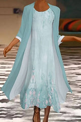 Floral Crew Neck Maxi Dress with Green 3/4 Sleeve Long Coat Two-Piece Set