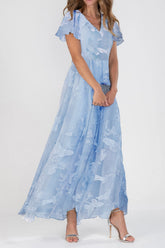 Elegant Blue Floral Print V-neck Short Sleeve Maxi Dress