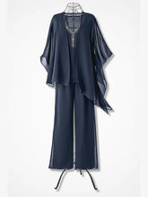 Navy Plain V-neck Long Sleeve Lightweight Flowy Two Piece Set