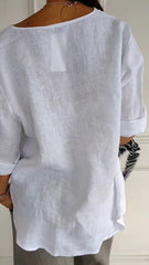 Solid Buttoned V-Neck Short Sleeve Blouse