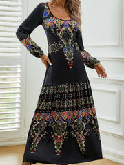 Ethnic Vintage Casual Crew Neck Long Sleeve Lightweight H-line Daily Maxi Dress