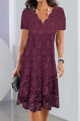 Scalloped Neck Short Sleeve Floral Midi Dress