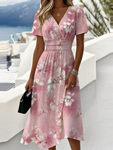 Floral Pink V-neck Short Sleeve Midi Dress