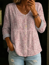 Floral Pattern Art Print V-Neck Cotton Linen Shirt
