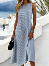 Casual Striped Crew Neck Sleeveless Cotton Midi Fit Dress