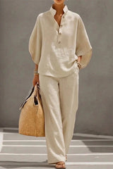 Cotton Linen Batwing Sleeve Wide Pants Set