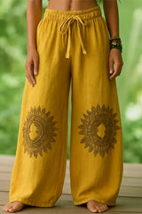 Bohemian Yellow Floral Embroidered Wide Leg Pants