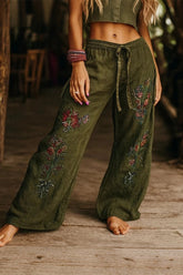 Bohemian Green Floral Embroidered Wide Leg Pants