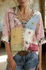 Retro Floral Embroidered V-Neck Half Sleeve Cotton Blouse