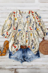 Plus Size Floral Print Notched Neck Boho Casual Summe Blouse