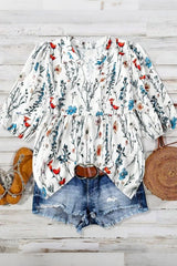 Plus Size Floral Print Notched Neck Boho Casual Summe Blouse