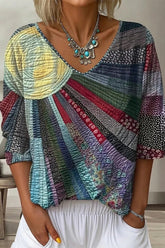 Casual Gray Print V-neck Long Sleeve Loose Tops