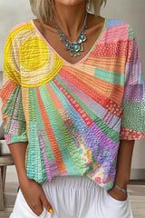 Casual Yellow Print V-neck Long Sleeve Loose Tops