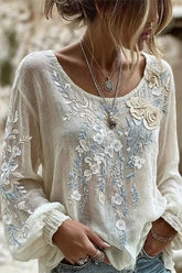 Crew Neck Long Sleeve Floral Regular Micro-Elasticity Loose Blouse For Women