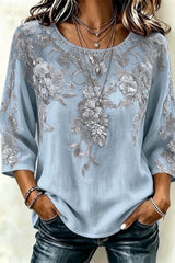 Crew Neck Three Quarter Sleeve 3D Printing Regular Loose Blouse For Women