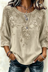 Crew Neck Three Quarter Sleeve 3D Printing Regular Loose Blouse For Women