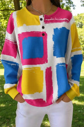 Casual Henley Collar Multicolor Block Waffle Sweatshirt