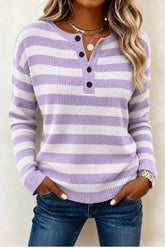 Casual Striped Henley Collar Long Sleeve Sweater