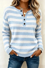 Casual Striped Henley Collar Long Sleeve Sweater