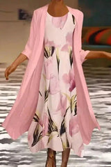 Floral Print O-neck 3/4 Sleeves Two Piece Midi Dress