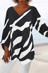 Abstract Print V-neck Irregular Hem 3/4 Sleeves Blouse