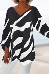 Abstract Print V-neck Irregular Hem 3/4 Sleeves Blouse
