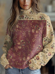 Flowers Art Print Knit Turtleneck Pullover Sweater RM013