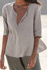 Solid Color Buttons Round Neck Half Sleeves Blouse