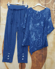 Abstract Print Irregular Hem Half Sleeves Two Piece Suit