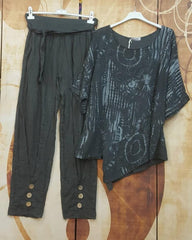 Abstract Print Irregular Hem Half Sleeves Two Piece Suit