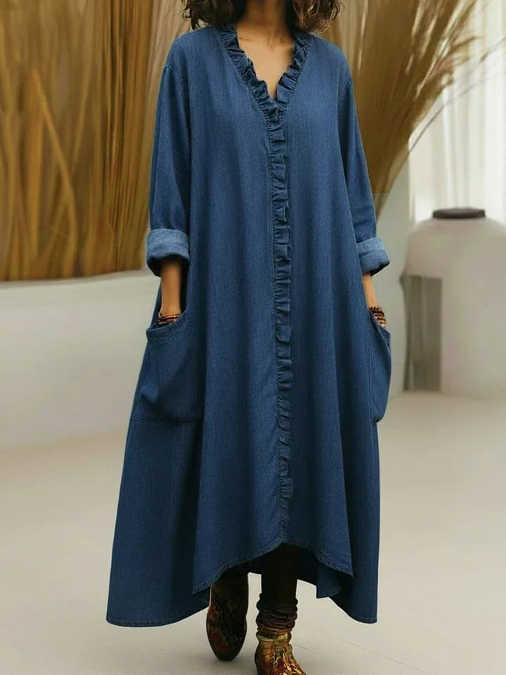 Loose Fit V-Neck Ruffle Placket Maxi Dress