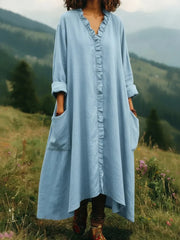 Linen-Feel Ruffle-Trim V-Neck Pocket Maxi Dress