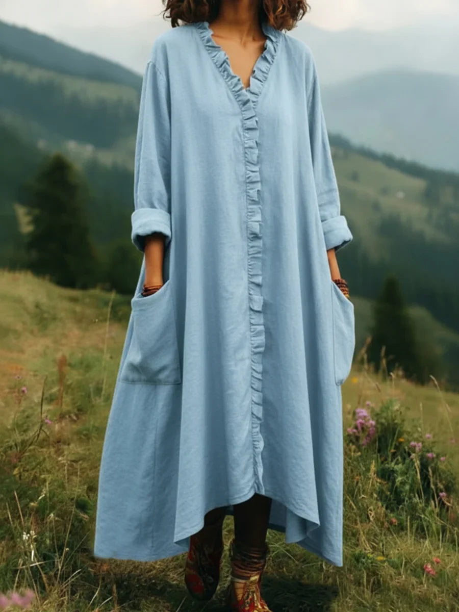 Boho Ruffle-Trim V-Neck High-Low Maxi Dress