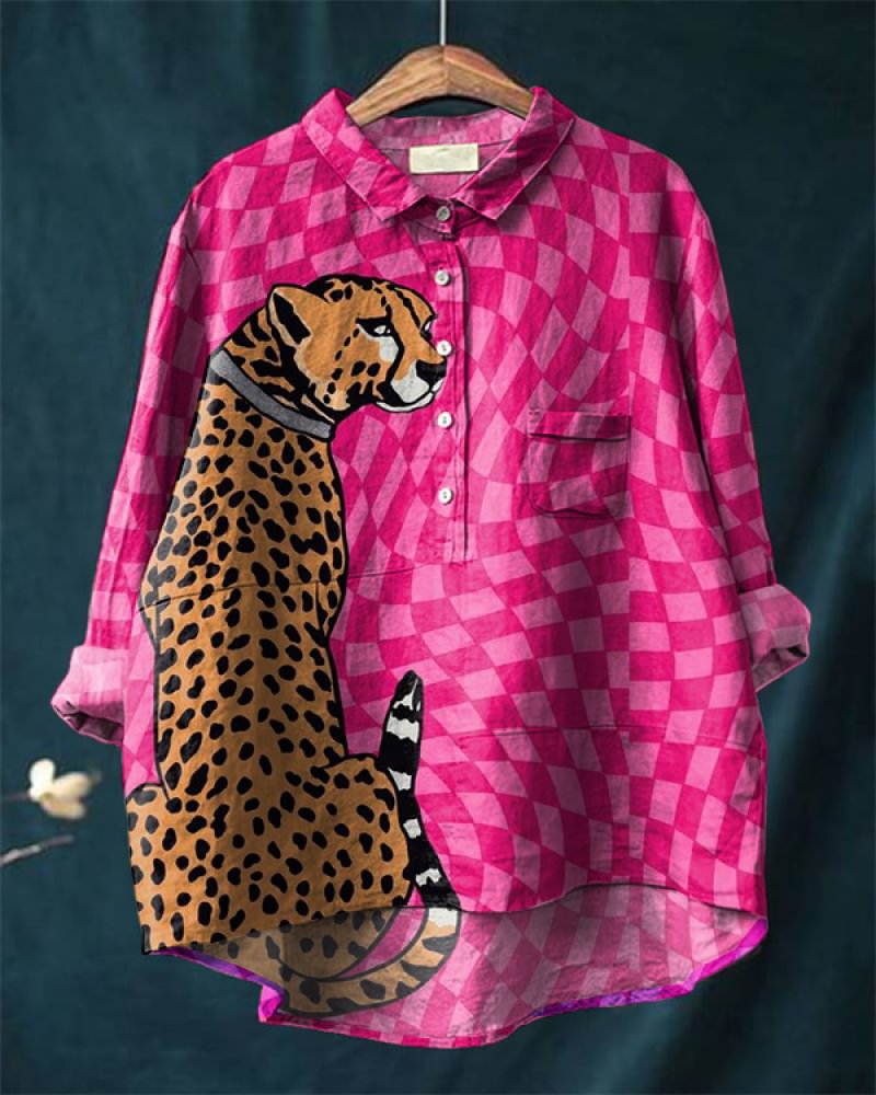 Cute Check Cheetah Print Cotton and Linen Long Sleeve Shirt