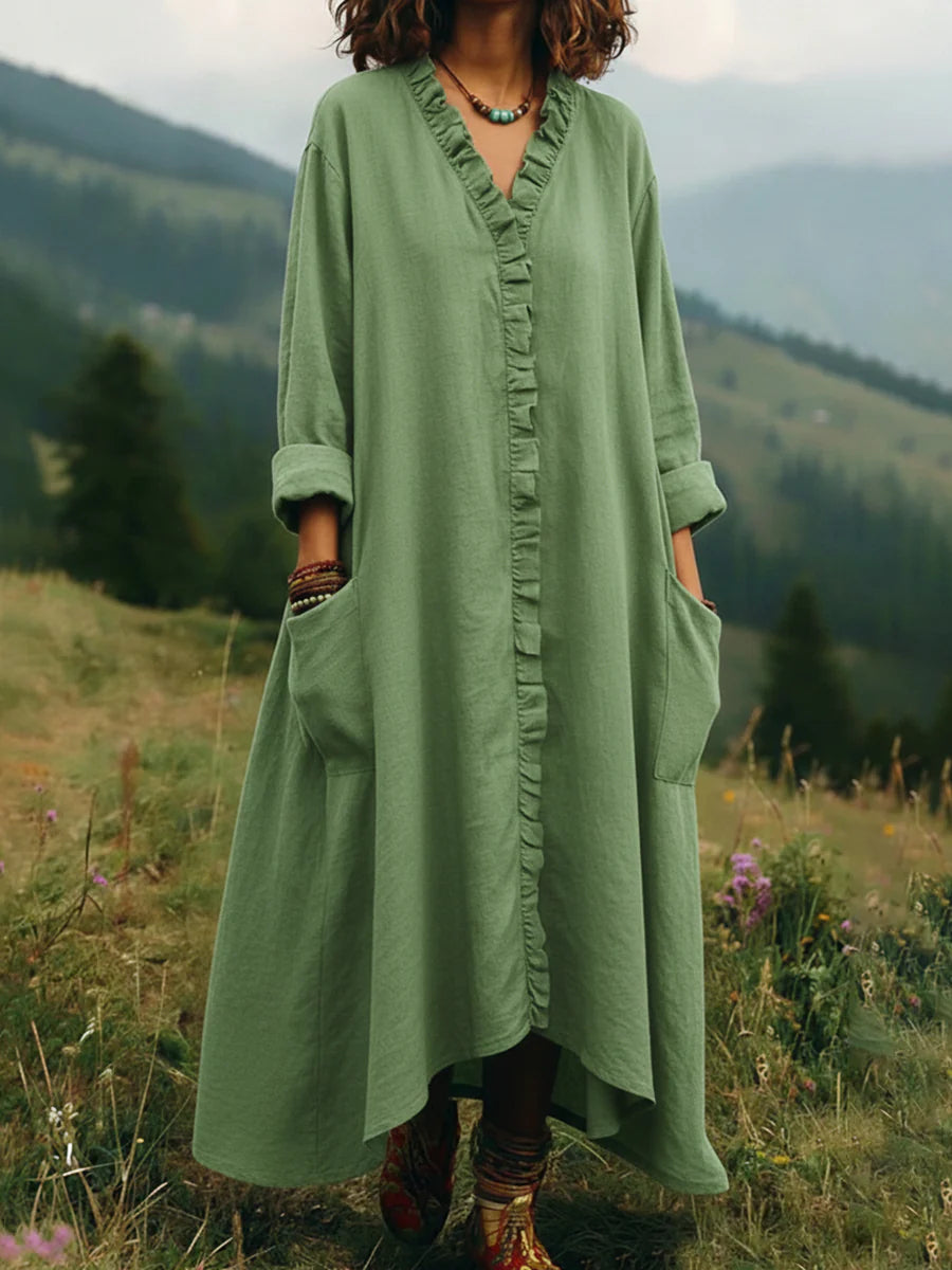 Boho Ruffle-Trim V-Neck High-Low Maxi Dress