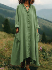 Relaxed V-Neck Ruffle-Trim Midi/Maxi Pocket Dress