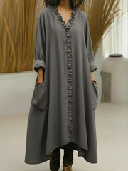 Loose Fit V-Neck Ruffle Placket Maxi Dress