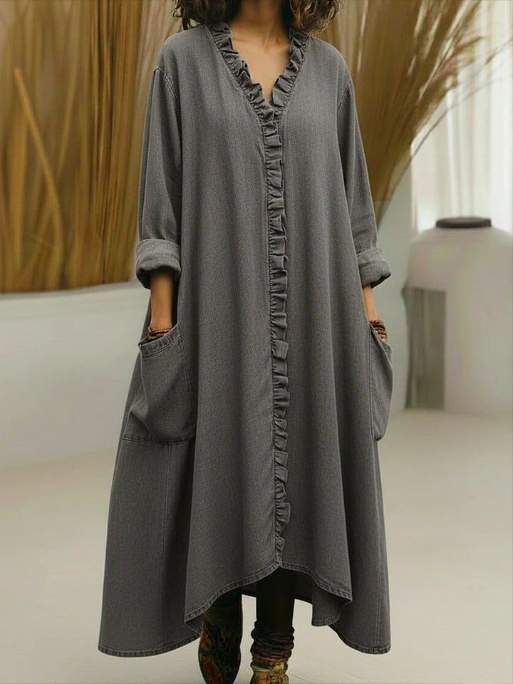 Relaxed Ruffle-Trim V-Neck Maxi Dress with Pockets