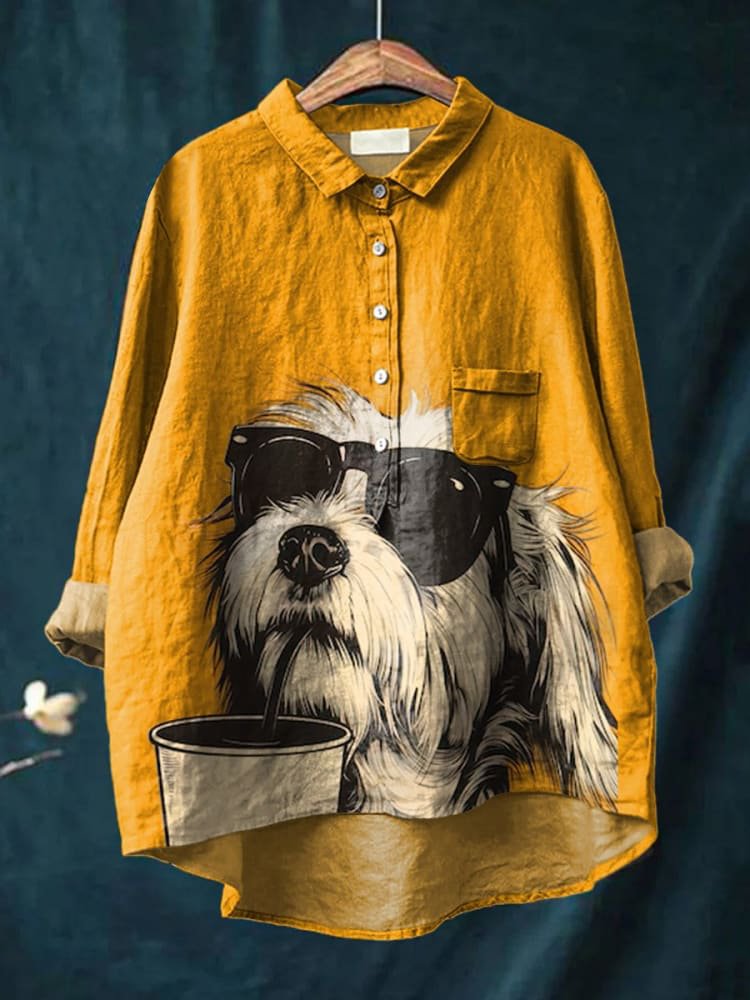 Cute Animal Sunglasses Coffee Dog Art Animal Vintage Print Casual Cotton And Linen Shirt RB001