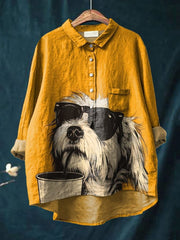 Cute Animal Sunglasses Coffee Dog Art Animal Vintage Print Casual Cotton And Linen Shirt RB001