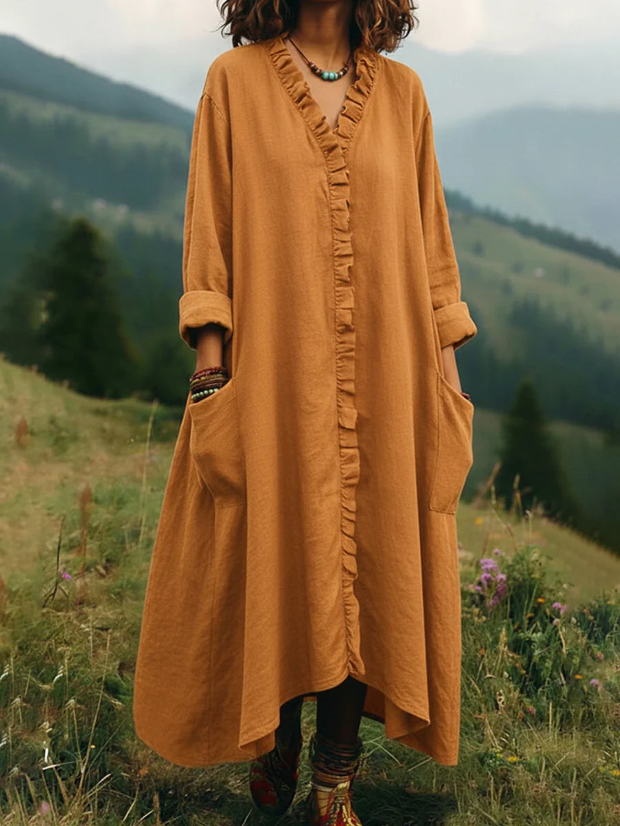 Relaxed V-Neck Ruffle-Trim Midi/Maxi Pocket Dress